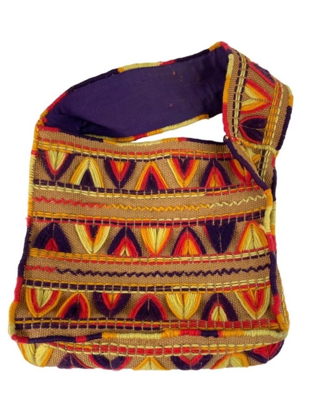 Vintage Handmade Colorful Yarn Embroidered Burlap Lined Tote Bag - Picture 2 of 10